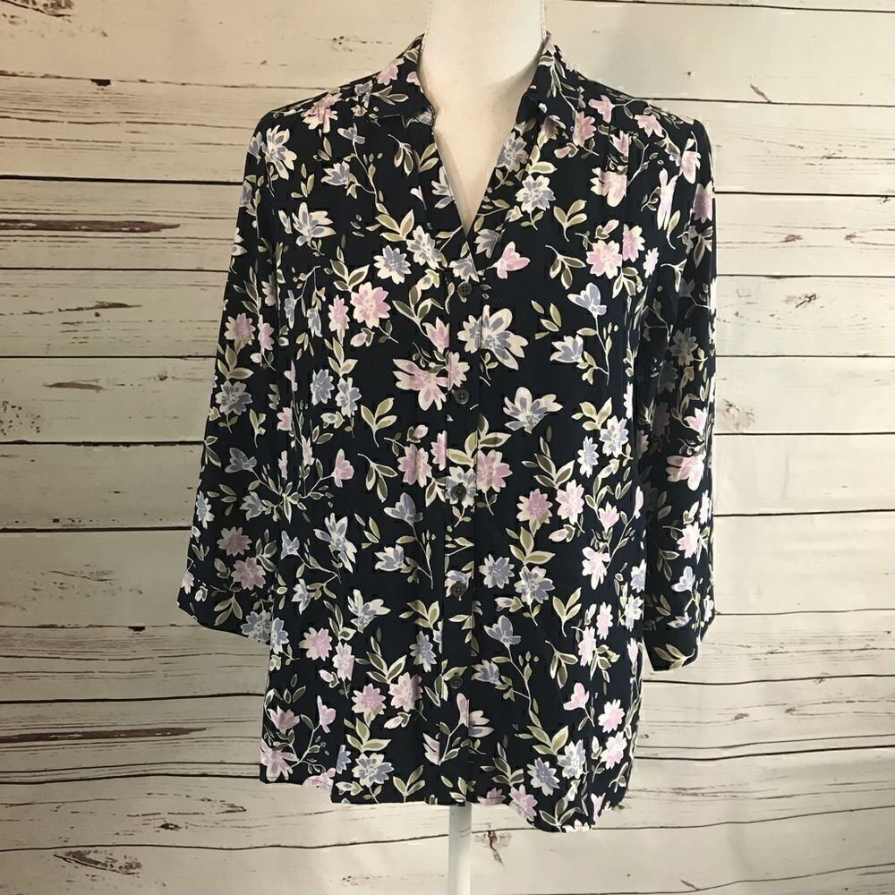 J. Jill Women X-SMALL Green Blue Floral blouse